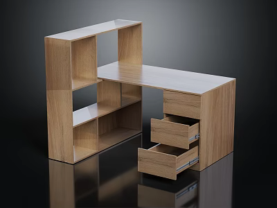 Modern Wooden Bookshelf With Open Storage Shelves Drawers And Spacious Tabletop 3d model