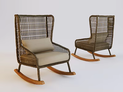 Cozy Rattan Leisure Rocking Chairs With Light Gray Cushion And Wooden Legs 3d model