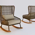 Cozy Rattan Leisure Rocking Chairs With Light Gray Cushion And Wooden Legs