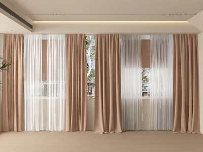 Brown Thick Curtains And White Sheer Curtains For Bright Home Window Decoration 3d model