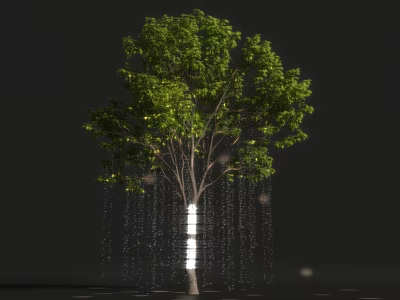 Art Installation Tree With Green Leaves White Lighting Transparent Hanging Strings On Black Background 3d model