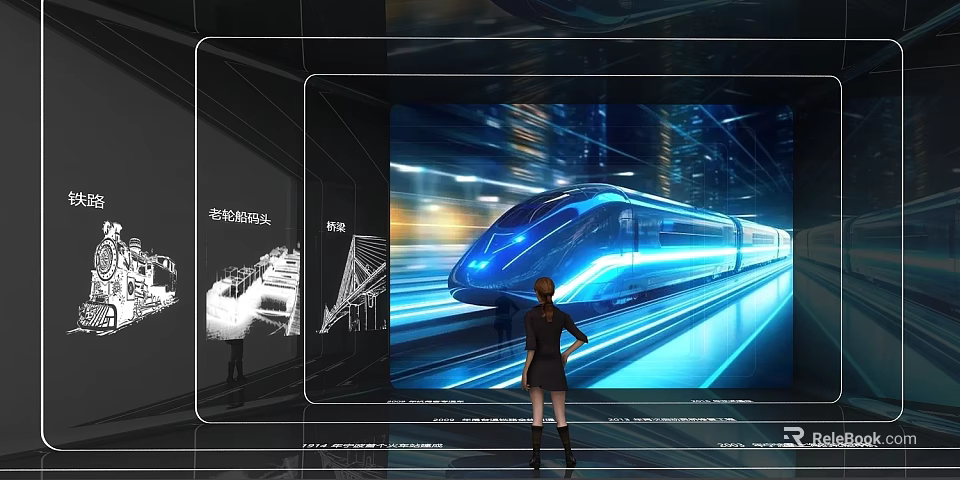 Person Observing High Speed Train On Large Digital Screen With City Lights And Design Sketches 3d model 