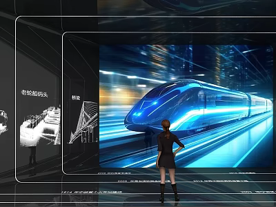 Person Observing High Speed Train On Large Digital Screen With City Lights And Design Sketches 3d model