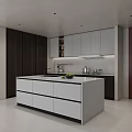 Modern Kitchen Interior Design With White Island Dark Brown Cabinets Built-in Appliances And Red Wall