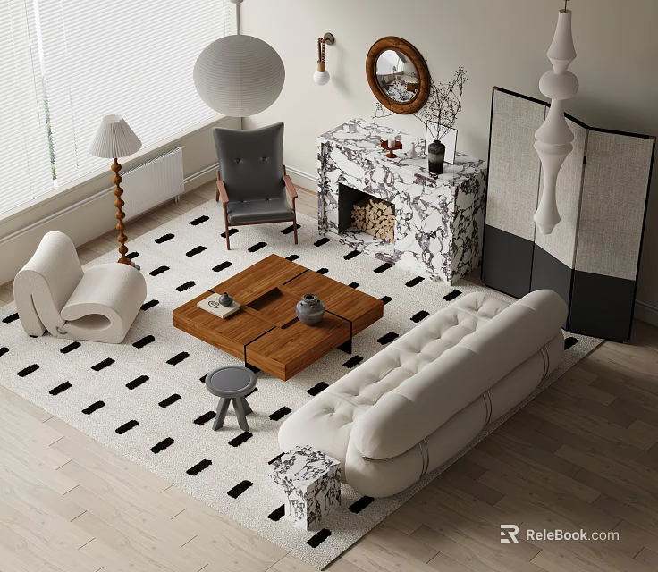 Modern Sofa Coffee Table Set With White Sofa Wooden Table Black White Rug And Fireplace 3d model 