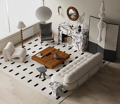 Modern Sofa Coffee Table Set With White Sofa Wooden Table Black White Rug And Fireplace 3d model