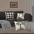 Modern Home Decor Elements Featuring Black Leather Sofa Checkered Abstract Pillows And Houndstooth Blanket 3d model