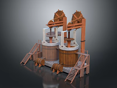 Traditional Wooden Architectural Structure with Twin Barrels Windmill Wheels Ladders and Stone Base 3d model