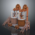 Traditional Wooden Architectural Structure with Twin Barrels Windmill Wheels Ladders and Stone Base