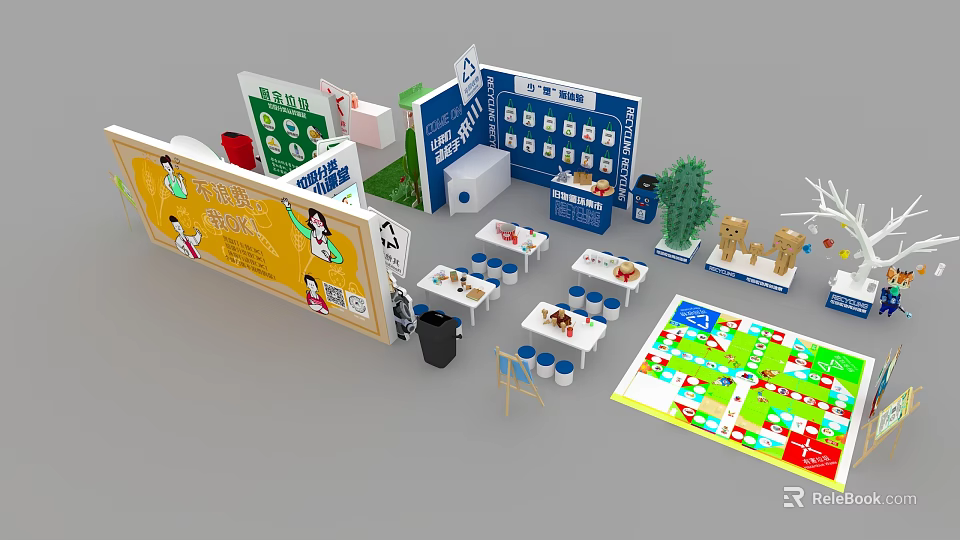 Exhibition Booth Design With Information Displays Tables And Decorative Elements 3d model 