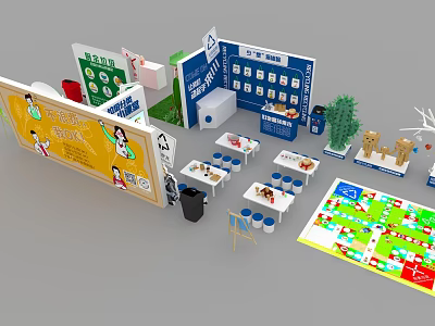 Exhibition Booth Design With Information Displays Tables And Decorative Elements 3d model
