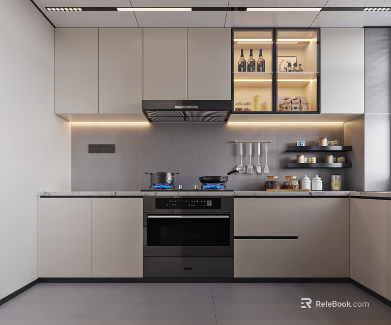 Modern Kitchen Interior Design With Lighted Cabinets Range Hood And Sleek Countertop 3d model