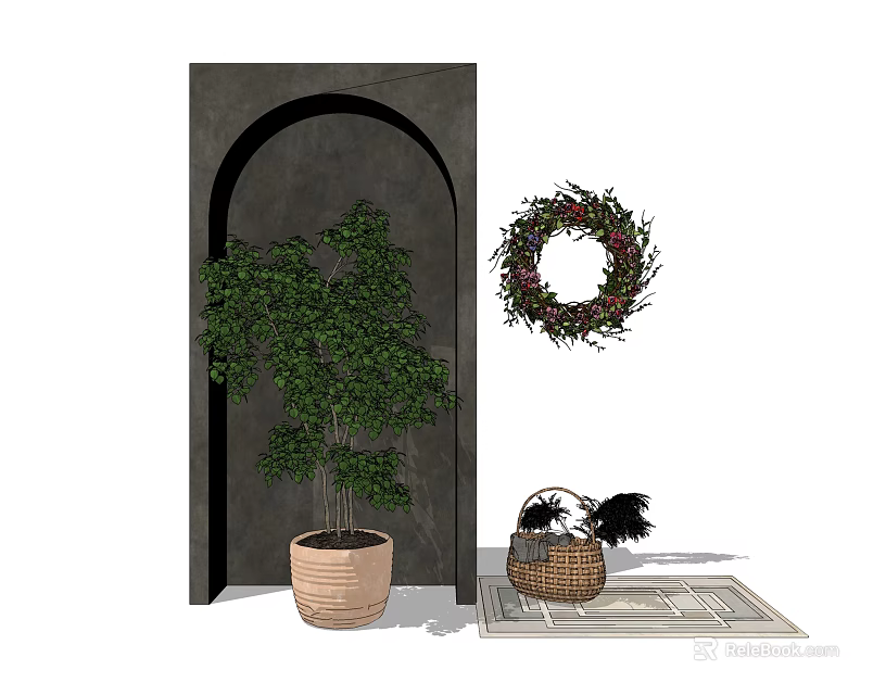 Potted Bonsai Plant With Green Leaves Near Arch Structure And Decorative Wreath 3d model 
