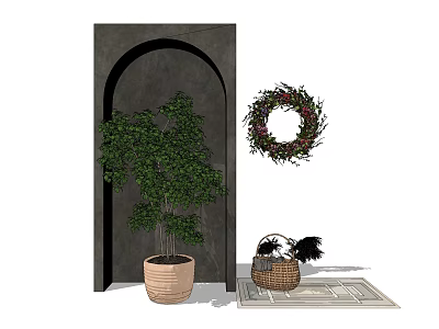 Potted Bonsai Plant With Green Leaves Near Arch Structure And Decorative Wreath 3d model