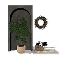 Potted Bonsai Plant With Green Leaves Near Arch Structure And Decorative Wreath