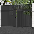 Modern Entrance Gate Design With Black Metal Slats White Wall And Green Trees