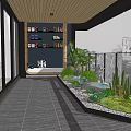 Home Balcony Modern Design With Wooden Ceiling Bookshelf Various Plants Small Water Feature And Scenic Outdoor View