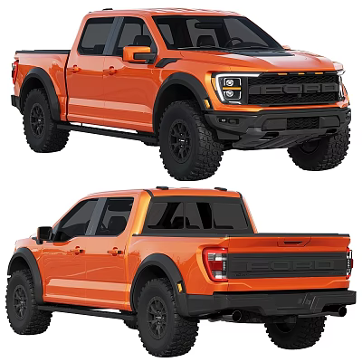 Orange Pickup Truck Exterior With Black Wheels Front Grille And Rear View 3d model