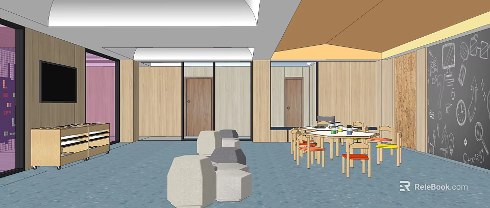 Kindergarten Interior Design With Wooden Walls Colorful Seats Tables And Geometric Furniture 3d model 
