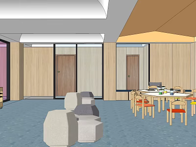 Kindergarten Interior Design With Wooden Walls Colorful Seats Tables And Geometric Furniture 3d model
