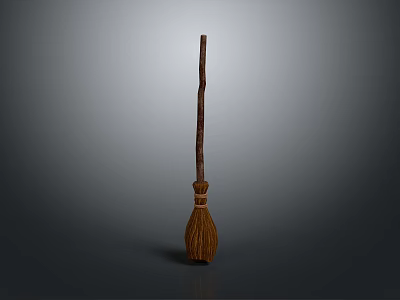 Vintage Handmade Broom Featuring Wooden Handle And Woven Straw Bristles 3d model
