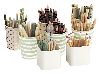 Colorful Pens and Pencils in Striped Polka Dot and White Square Containers 3d model