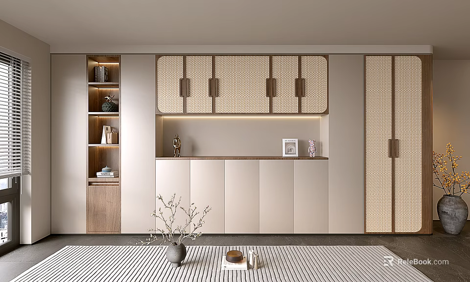 Minimalist Entryway Cabinet and Side Cabinet with Wooden Finish Metal Handles and Decorative Vases 3d model 