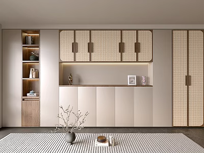 Minimalist Entryway Cabinet and Side Cabinet with Wooden Finish Metal Handles and Decorative Vases 3d model