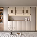 Minimalist Entryway Cabinet and Side Cabinet with Wooden Finish Metal Handles and Decorative Vases