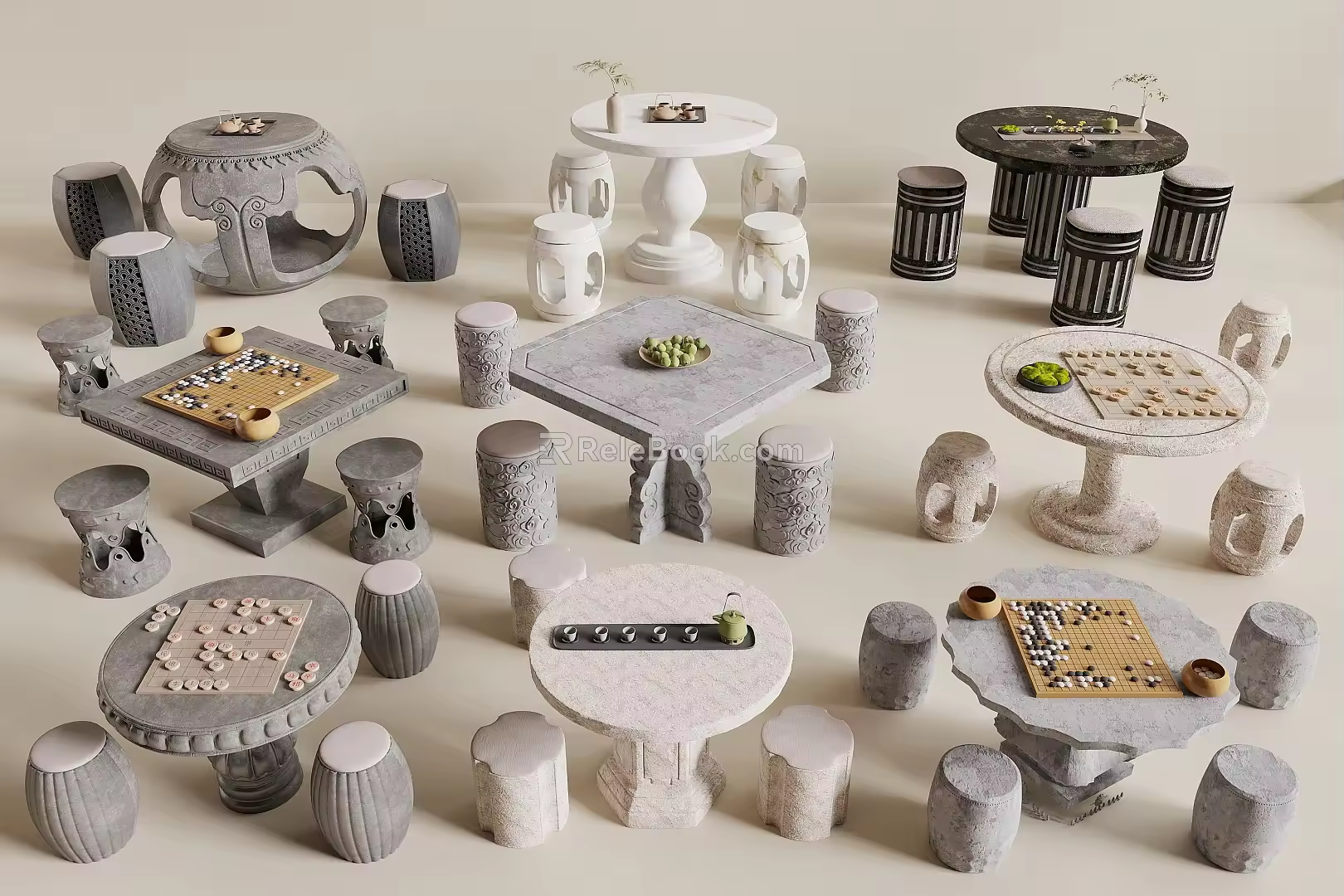 Chinese Style Outdoor Table and Chair Stone Table Stone Bench Outdoor Stone Table and Chair Chess Table Go 3d model