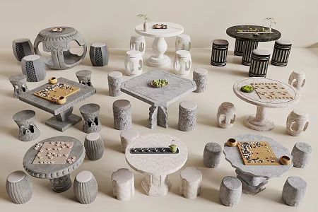 Chinese Style Outdoor Table and Chair Stone Table Stone Bench Outdoor Stone Table and Chair Chess Table Go 3d model