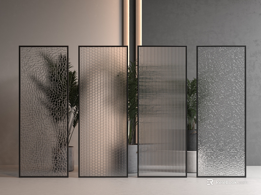 Modern Textured Glass Room Dividers With Various Patterns And Indoor Green Plants 3d model 