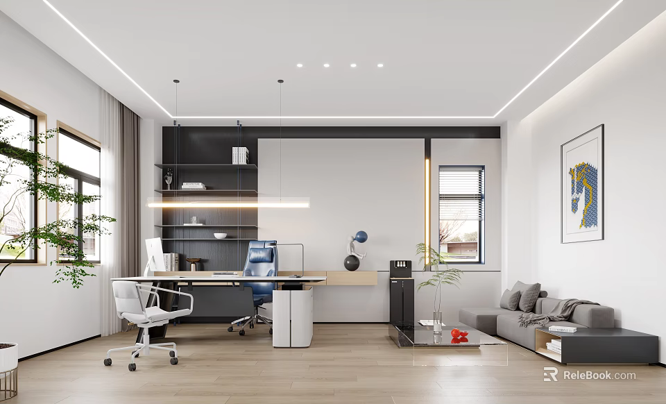 Modern Office Interior Design With Desk Chair Bookshelf Sofa Plants And Artwork 3d model 