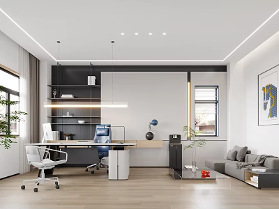 Modern Office Interior Design With Desk Chair Bookshelf Sofa Plants And Artwork 3d model
