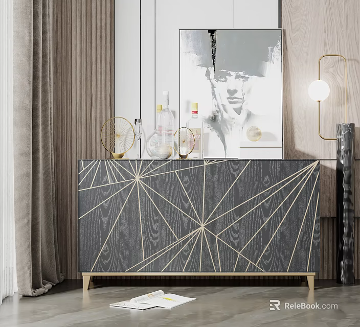 Elegant Modern Entryway Console Cabinet With Geometric Wood Pattern Gold Frame And Decorative Mirror 3d model 
