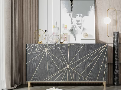 Elegant Modern Entryway Console Cabinet With Geometric Wood Pattern Gold Frame And Decorative Mirror 3d model