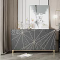 Elegant Modern Entryway Console Cabinet With Geometric Wood Pattern Gold Frame And Decorative Mirror
