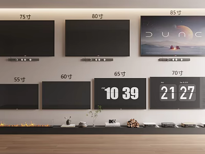 Wall Mounted TVs of Various Sizes 55-85 Inch with Dune Display and Price Tags 3d model