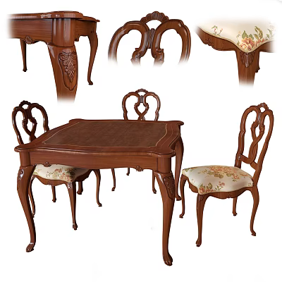 Traditional Wooden Dining Table Set With Carved Legs And Floral Upholstered Chairs 3d model