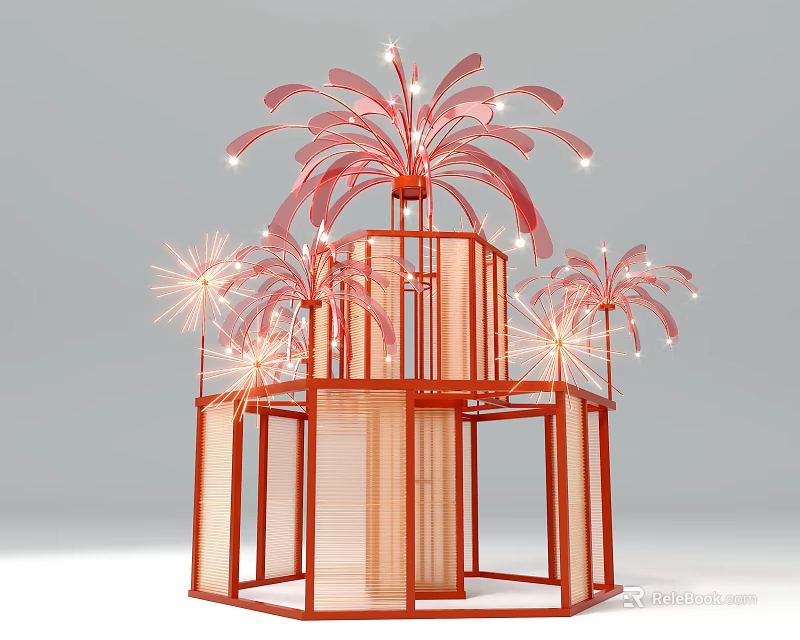 Art Installation Featuring Red Frame Structure With Pink Decorative Elements And Illuminated Details 3d model