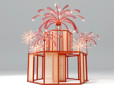 Art Installation Featuring Red Frame Structure With Pink Decorative Elements And Illuminated Details 3d model