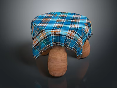 Round Stool With Blue Plaid Fabric Cover And Terracotta Drum Shaped Legs 3d model