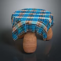 Round Stool With Blue Plaid Fabric Cover And Terracotta Drum Shaped Legs