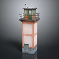 Light Colored Two Story Watchtower With Orange Trim Gray Base Green Windows And Top Railing