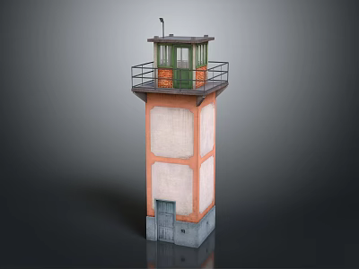 Light Colored Two Story Watchtower With Orange Trim Gray Base Green Windows And Top Railing 3d model