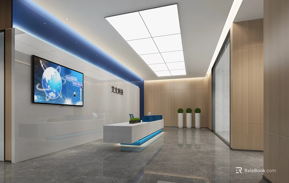 Modern Office Reception Area Interior With Front Desk Digital Screen And Potted Plants 3d model 