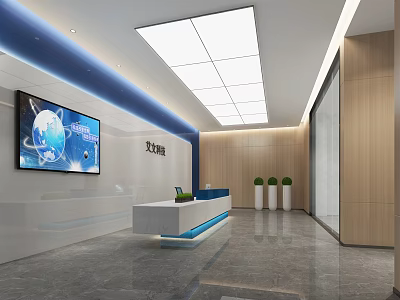 Modern Office Reception Area Interior With Front Desk Digital Screen And Potted Plants 3d model