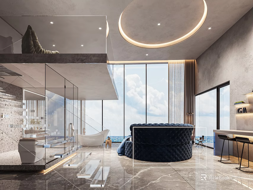 Modern Bathroom Interior with Transparent Glass Partition Bathtub Circular Ceiling Light and Marble Flooring 3d model 