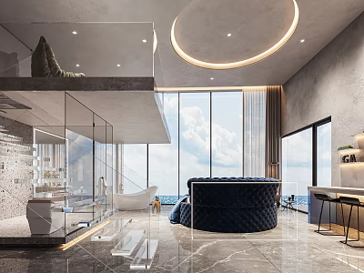 Modern Bathroom Interior with Transparent Glass Partition Bathtub Circular Ceiling Light and Marble Flooring 3d model