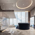 Modern Bathroom Interior with Transparent Glass Partition Bathtub Circular Ceiling Light and Marble Flooring